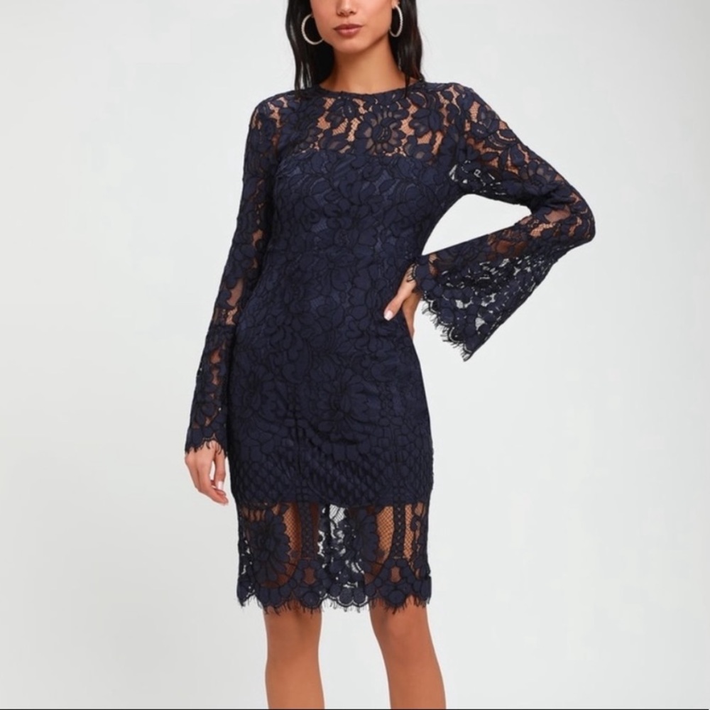 Lulus Navy Lace Long Sleeve Dress - Size Small